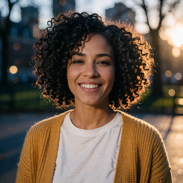 Sample online dating profile photo of a Black woman with natural curls in a mustard cardigan at a city park