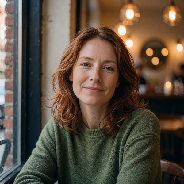 Illustrative dating profile example: smiling woman with auburn hair in a green sweater by a cafe window