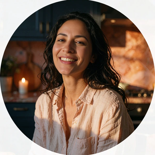 Illustrative profile picture for meeting women online: Latina woman in a blush linen shirt in her kitchen
