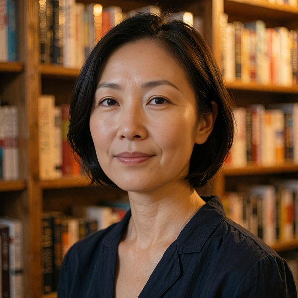 Example dating profile portrait of a woman with a sleek dark bob and navy blouse in a warm bookstore