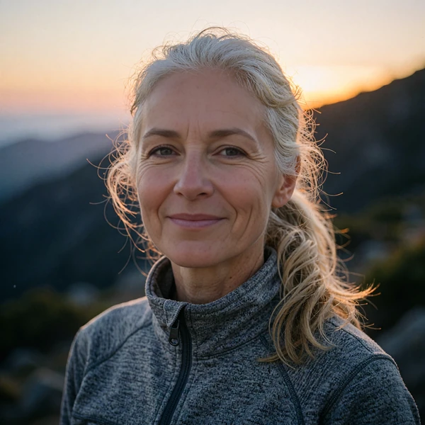 Sample dating site profile photo of a smiling woman with an ash-blonde ponytail in a fleece at a trailhead