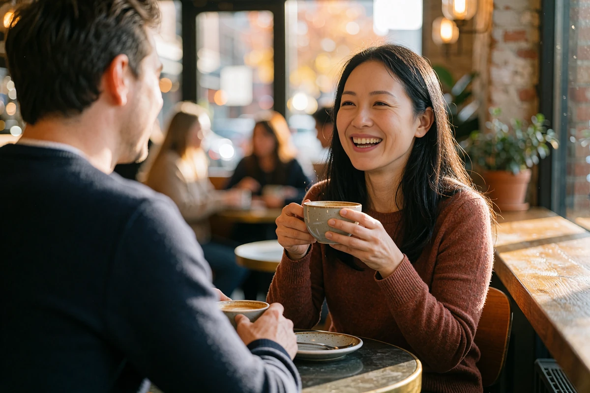 Woman laughing over coffee in a busy public café on a first date, a safe setting for meeting a Selunion match